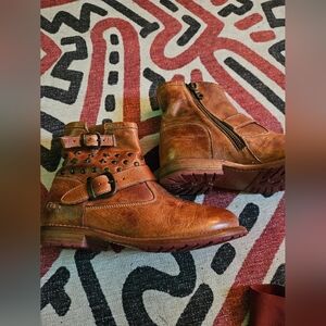Bed Stu Cognac Brown Leather Ankle Booties with Buckles